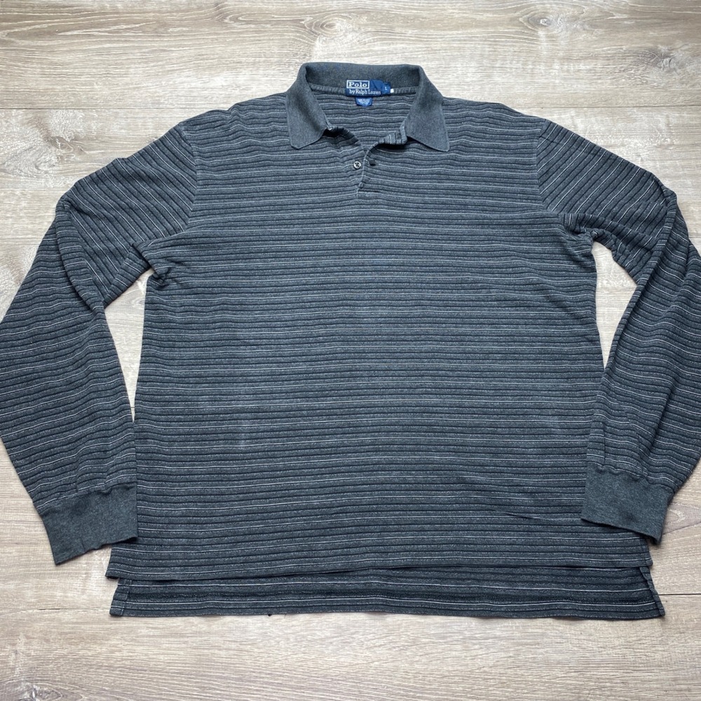 Polo Ralph Lauren Shirt Long Sleeve Polo Mens L Pima Cotton Gray Stripe Ribbed